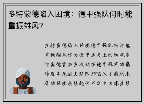 多特蒙德陷入困境：德甲强队何时能重振雄风？
