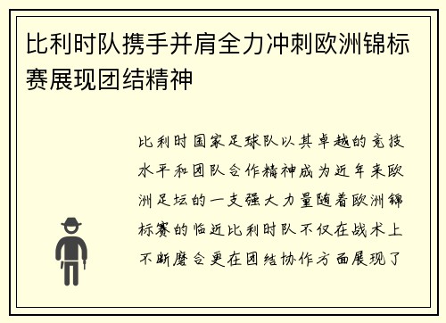 比利时队携手并肩全力冲刺欧洲锦标赛展现团结精神