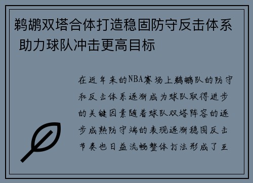 鹈鹕双塔合体打造稳固防守反击体系 助力球队冲击更高目标