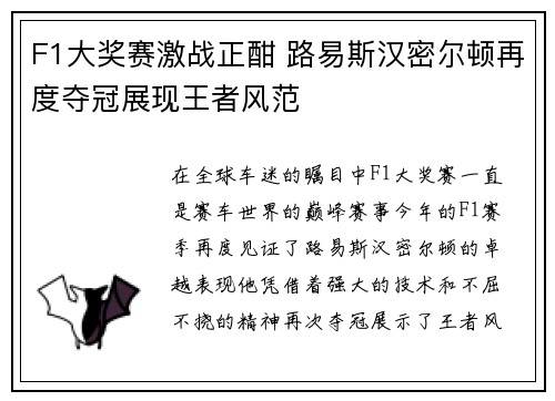 F1大奖赛激战正酣 路易斯汉密尔顿再度夺冠展现王者风范