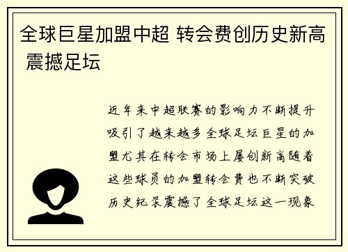 全球巨星加盟中超 转会费创历史新高 震撼足坛