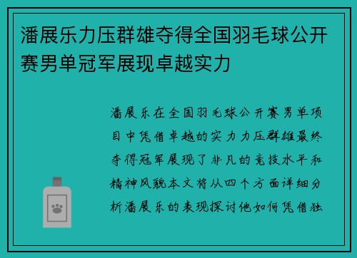 潘展乐力压群雄夺得全国羽毛球公开赛男单冠军展现卓越实力