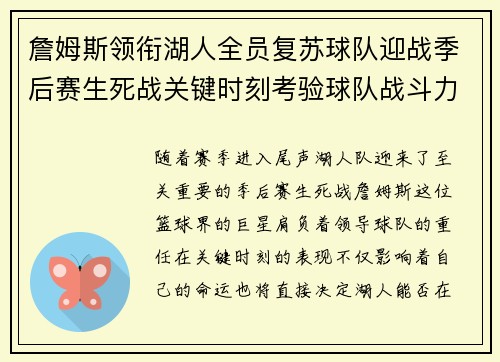 詹姆斯领衔湖人全员复苏球队迎战季后赛生死战关键时刻考验球队战斗力