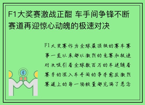 F1大奖赛激战正酣 车手间争锋不断 赛道再迎惊心动魄的极速对决